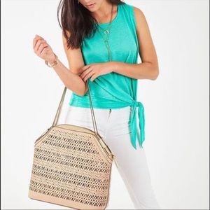 Stella and Dot tan cream Avalon Satchel tote travel bag laser cutout perforated